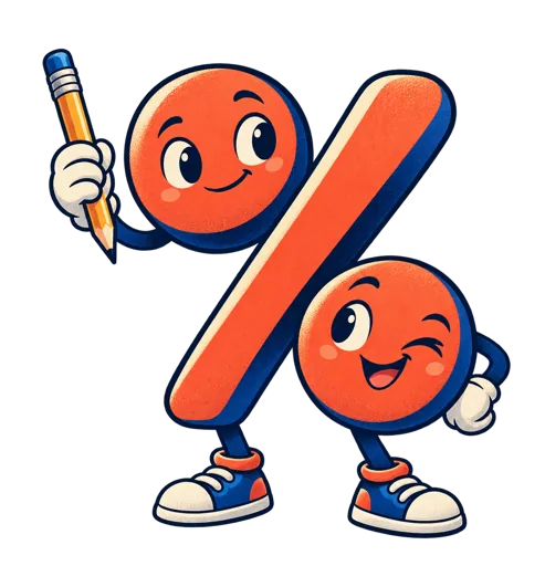 Petit personnage en forme de pourcentage tenant un crayon